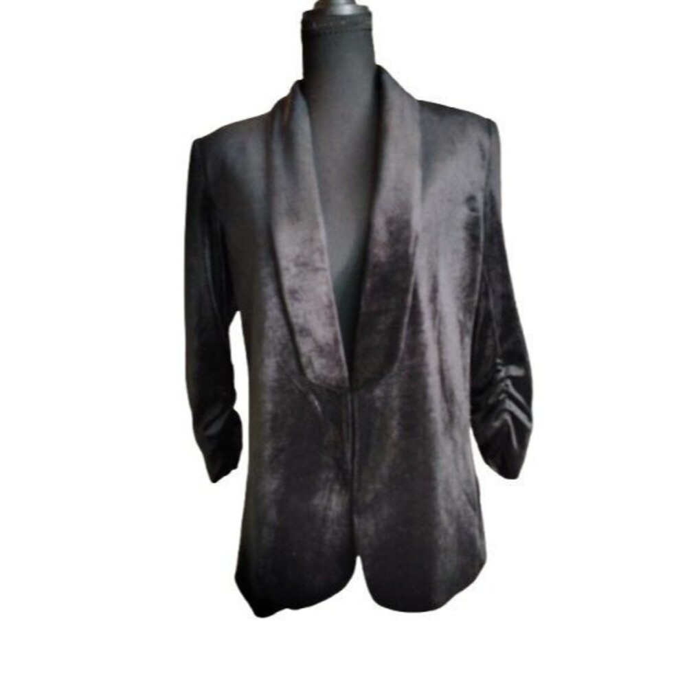 Autres Filles XS Black Velvet Ruched Sleeve Shawl Collar Blazer Jacket Open...